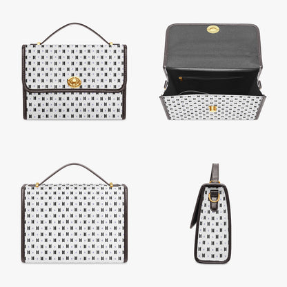 BTS Purse with Black Logos and Trim, White background - Canvas Satchel Crossbody Bag - Beyond The Shoppe