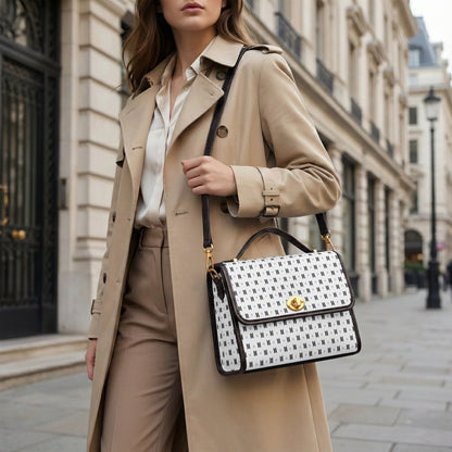 BTS Purse with Black Logos and Trim, White background - Canvas Satchel Crossbody Bag - Beyond The Shoppe