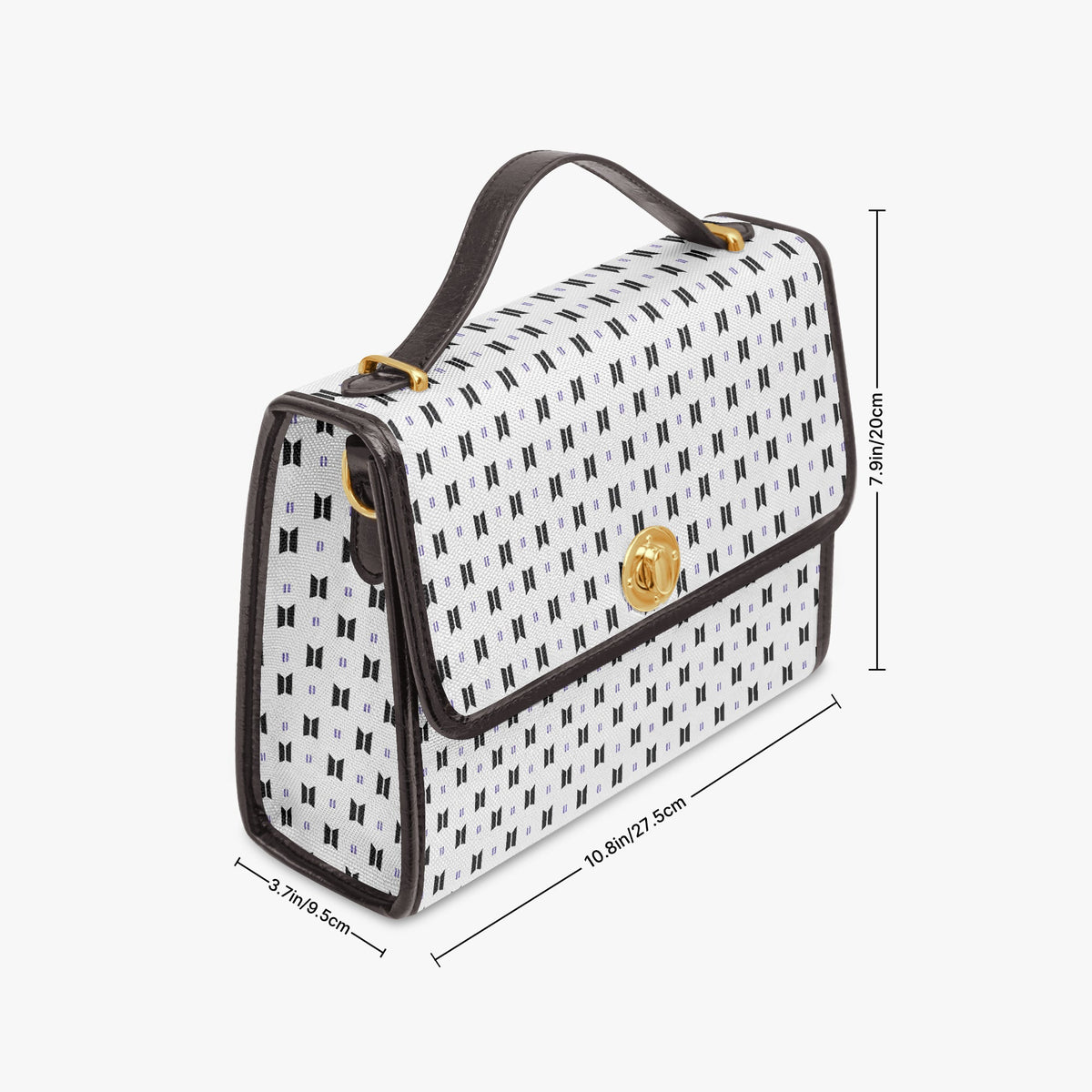 BTS Purse with Black Logos and Trim, White background - Canvas Satchel Crossbody Bag - Beyond The Shoppe