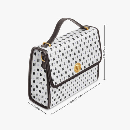 BTS Purse with Black Logos and Trim, White background - Canvas Satchel Crossbody Bag - Beyond The Shoppe