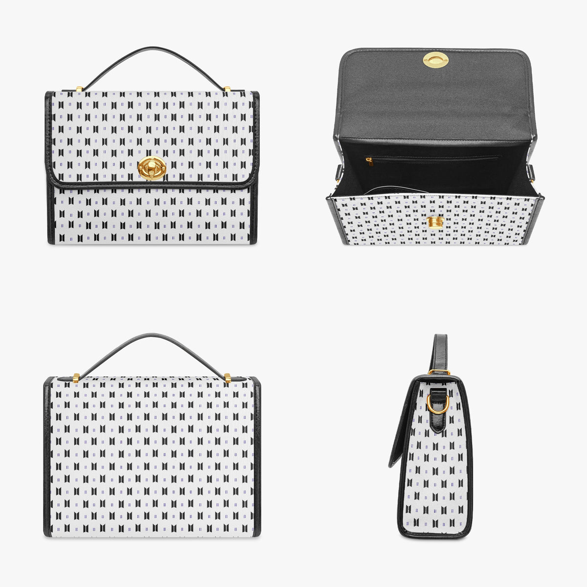 BTS Purse with Black Logos and Trim, White background - Canvas Satchel Crossbody Bag - Beyond The Shoppe