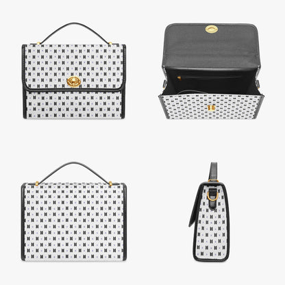 BTS Purse with Black Logos and Trim, White background - Canvas Satchel Crossbody Bag - Beyond The Shoppe