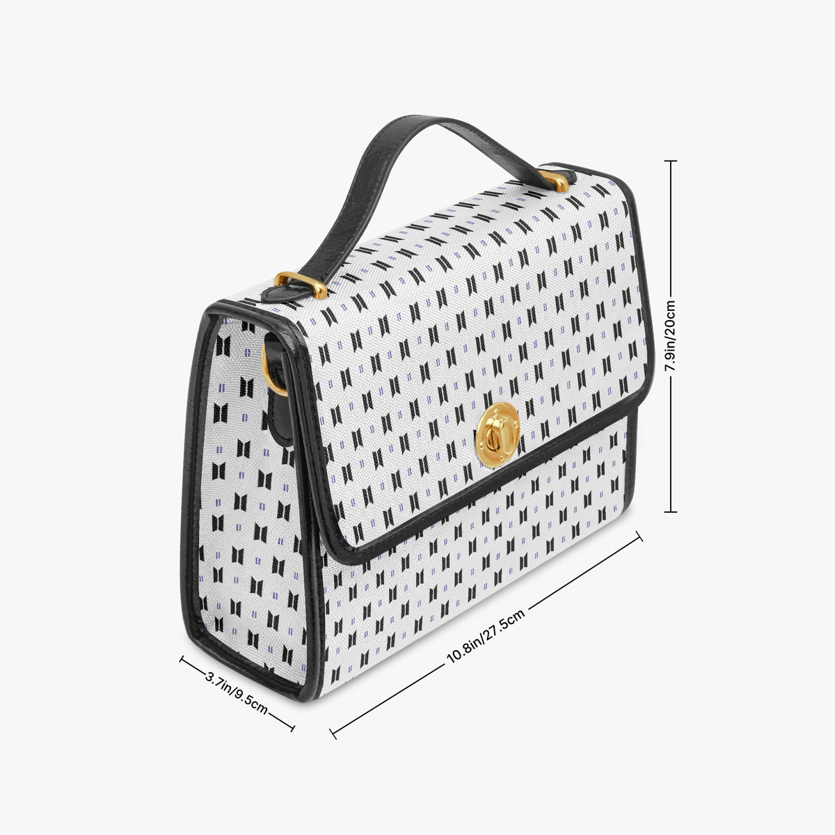BTS Purse with Black Logos and Trim, White background - Canvas Satchel Crossbody Bag - Beyond The Shoppe