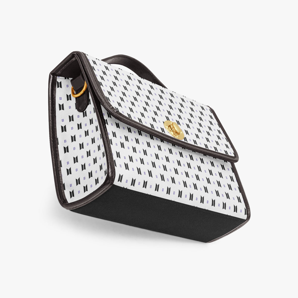 BTS Purse with Black Logos and Trim, White background - Canvas Satchel Crossbody Bag - Beyond The Shoppe