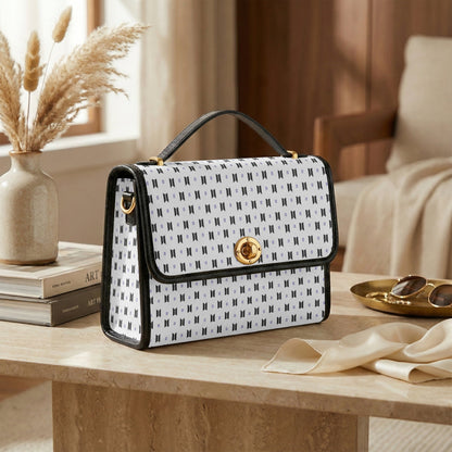 BTS Purse with Black Logos and Trim, White background - Canvas Satchel Crossbody Bag - Beyond The Shoppe
