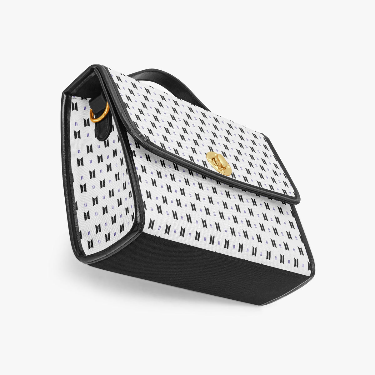 BTS Purse with Black Logos and Trim, White background - Canvas Satchel Crossbody Bag - Beyond The Shoppe