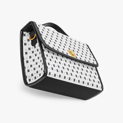 BTS Purse with Black Logos and Trim, White background - Canvas Satchel Crossbody Bag - Beyond The Shoppe