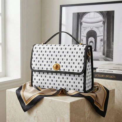 BTS Purse with Black Logos and Trim, White background - Canvas Satchel Crossbody Bag - Beyond The Shoppe