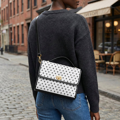 BTS Purse with Black Logos and Trim, White background - Canvas Satchel Crossbody Bag - Beyond The Shoppe
