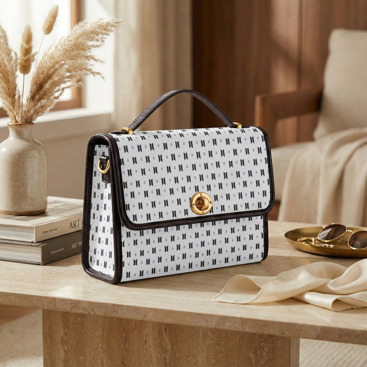 BTS Purse with Black Logos and Trim, White background - Canvas Satchel Crossbody Bag - Beyond The Shoppe