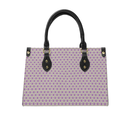 BTS Purse with Purple Logo on Taupe Leather - Women’s Tote Bag - Beyond The Shoppe