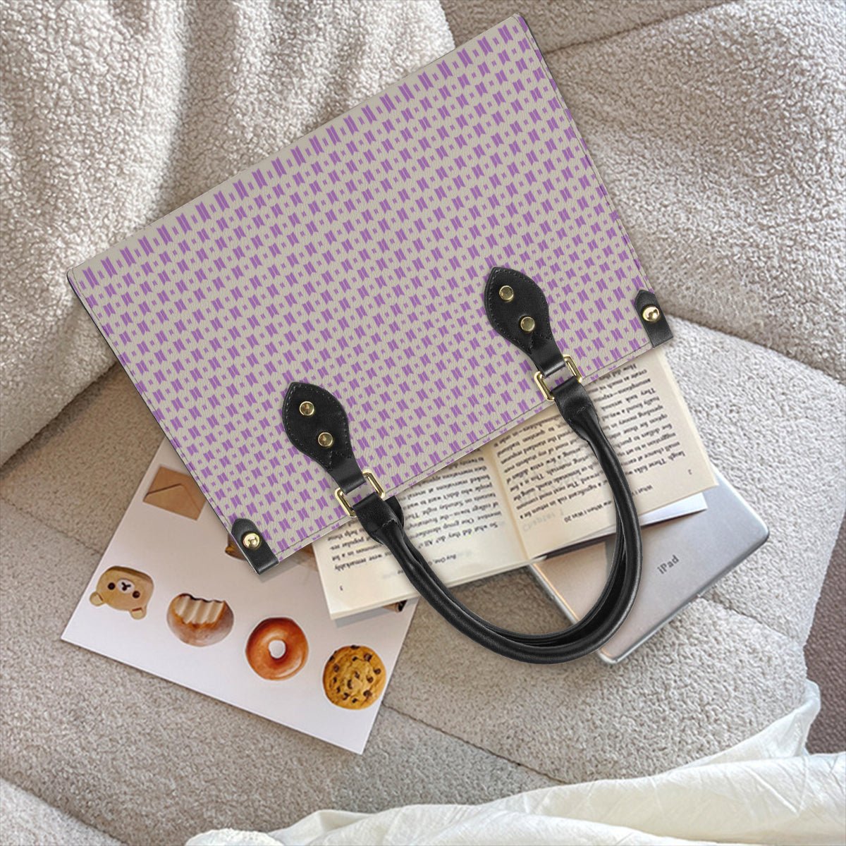 BTS Purse with Purple Logo on Taupe Leather - Women’s Tote Bag - Beyond The Shoppe