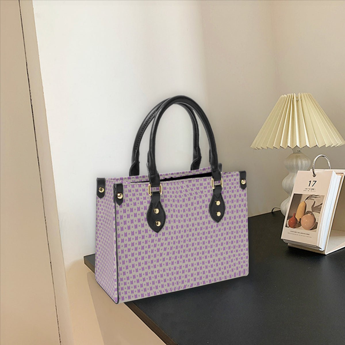 BTS Purse with Purple Logo on Taupe Leather - Women’s Tote Bag - Beyond The Shoppe
