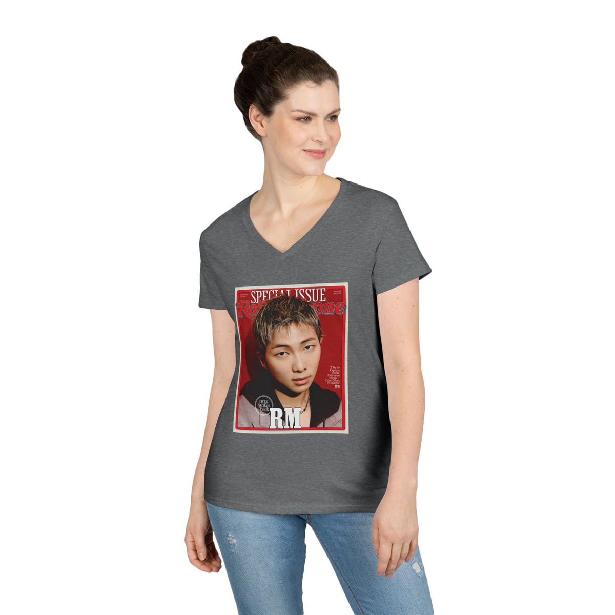 BTS RM Deep V - Neck Tee - Tshirt with Rolling Stones Cover Graphic & BTS Members Names on Back - 6 Sizes - Beyond The Shoppe