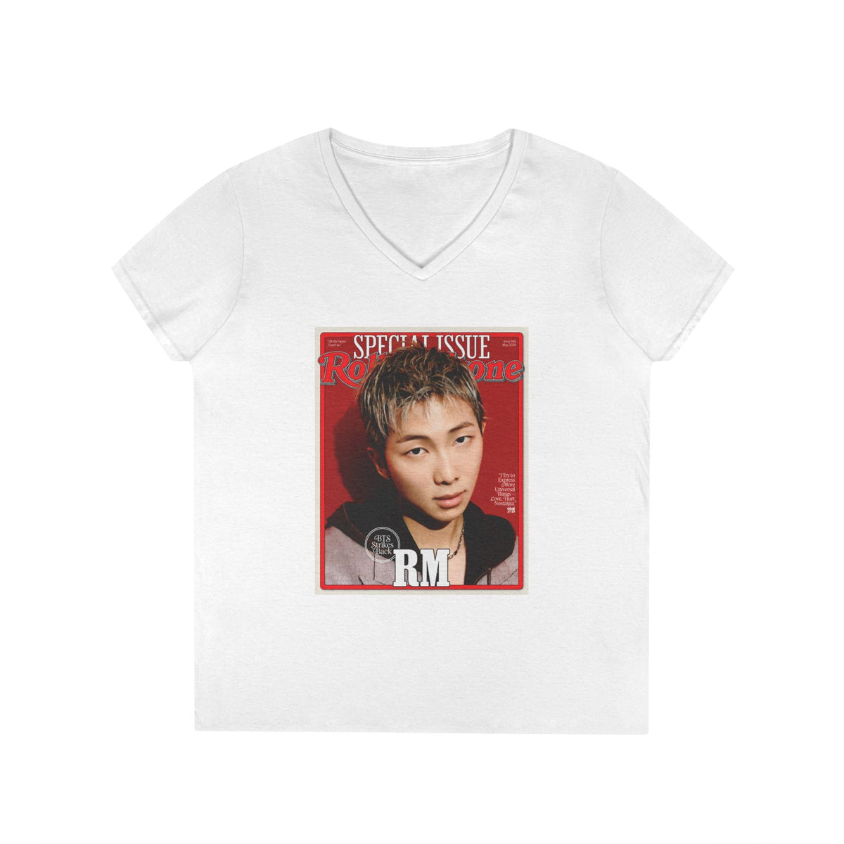 BTS RM Deep V - Neck Tee - Tshirt with Rolling Stones Cover Graphic & BTS Members Names on Back - 6 Sizes - Beyond The Shoppe