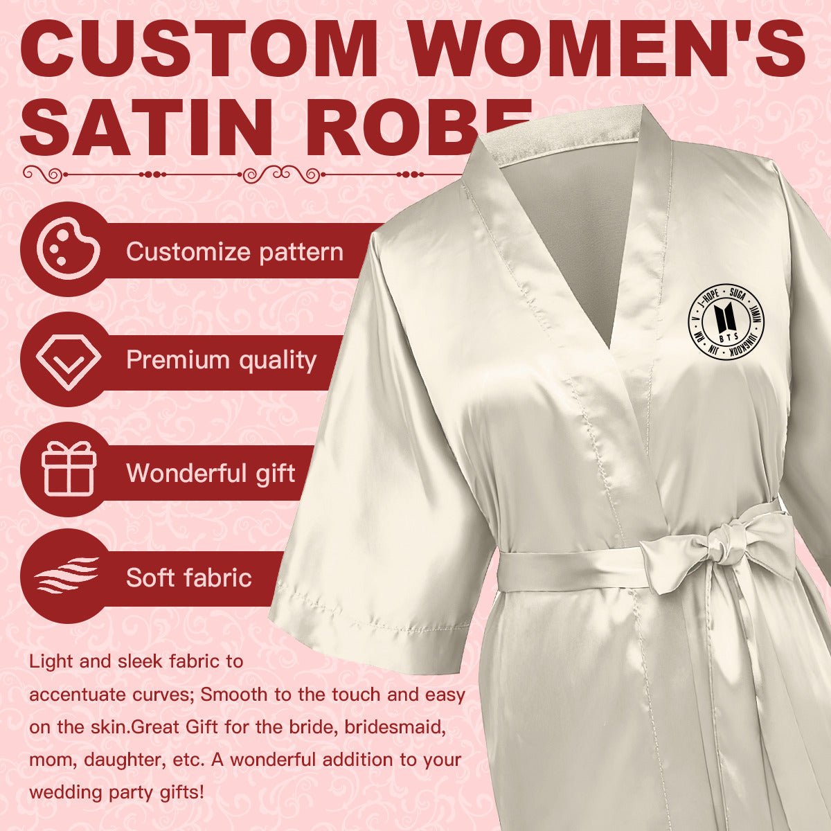 BTS Silk - like Women's Robe - 3 color options - with BTS Logo & OT7 Names - Beyond The Shoppe