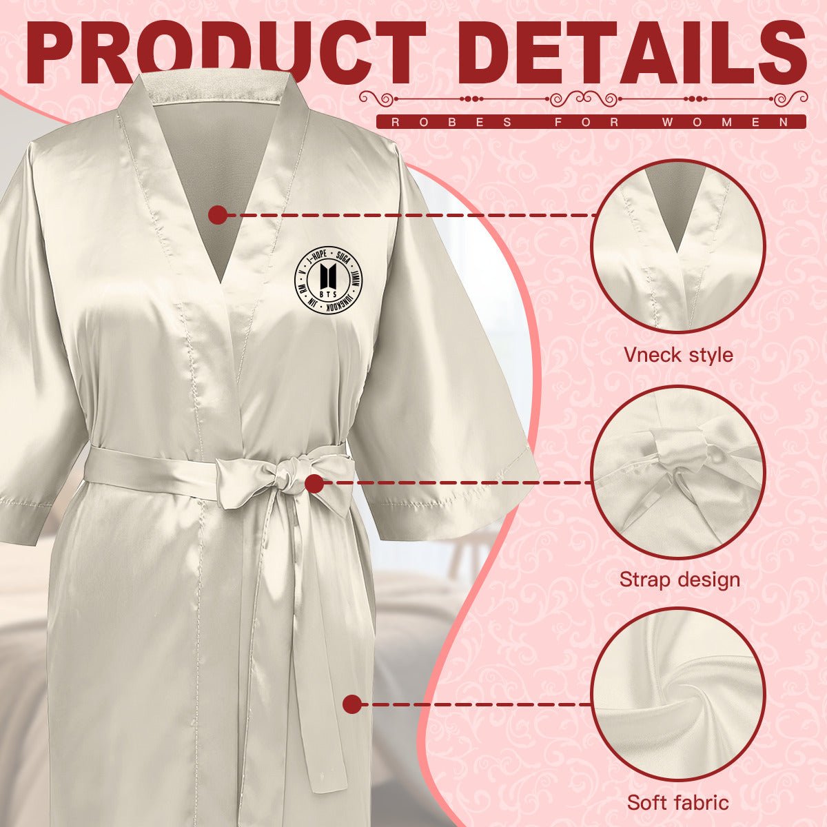 BTS Silk - like Women's Robe - 3 color options - with BTS Logo & OT7 Names - Beyond The Shoppe