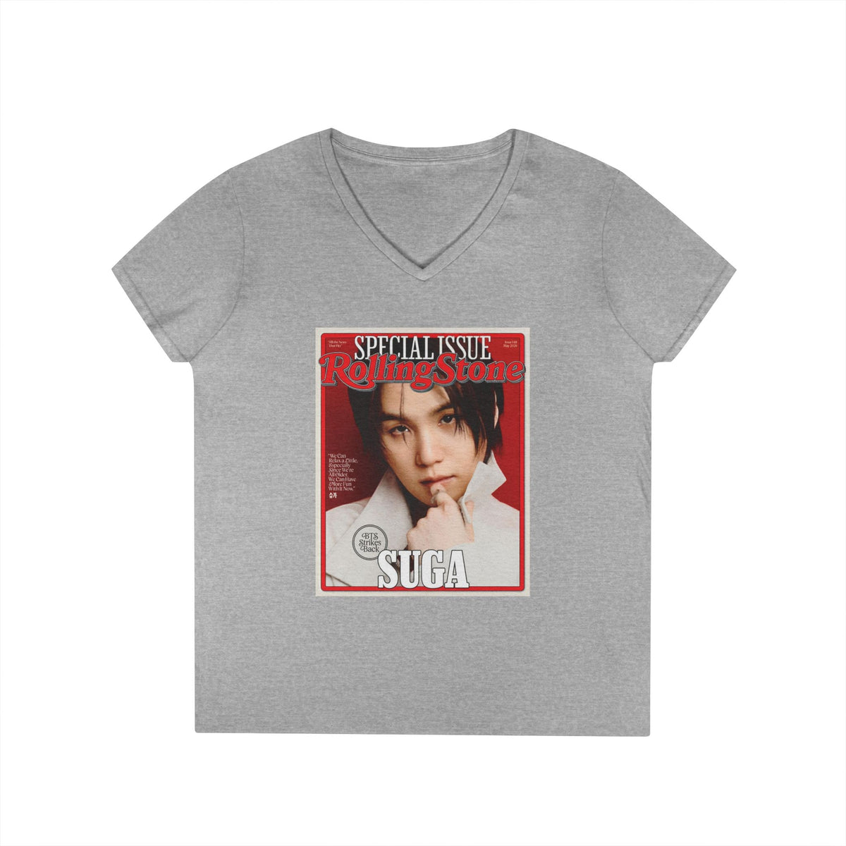 BTS Suga Deep V - Neck Tee - Tshirt with Rolling Stones Cover Graphic & BTS Members Names on Back - 6 Sizes - Beyond The Shoppe