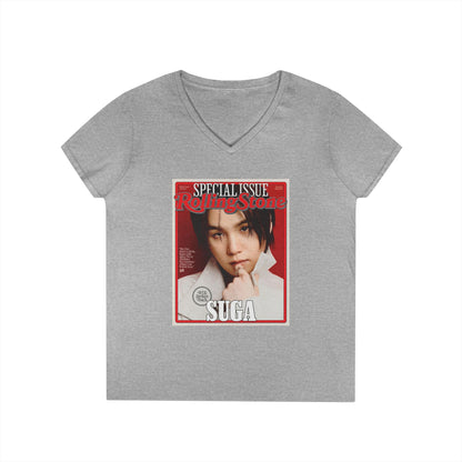 BTS Suga Deep V - Neck Tee - Tshirt with Rolling Stones Cover Graphic & BTS Members Names on Back - 6 Sizes - Beyond The Shoppe