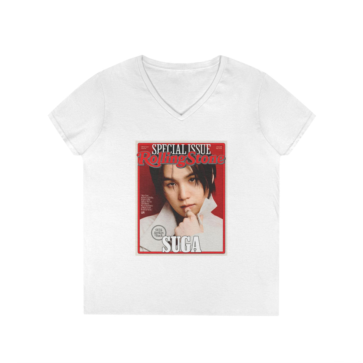 BTS Suga Deep V - Neck Tee - Tshirt with Rolling Stones Cover Graphic & BTS Members Names on Back - 6 Sizes - Beyond The Shoppe