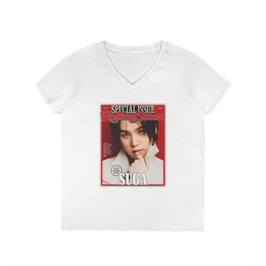 BTS Suga Deep V - Neck Tee - Tshirt with Rolling Stones Cover Graphic & BTS Members Names on Back - 6 Sizes - Beyond The Shoppe