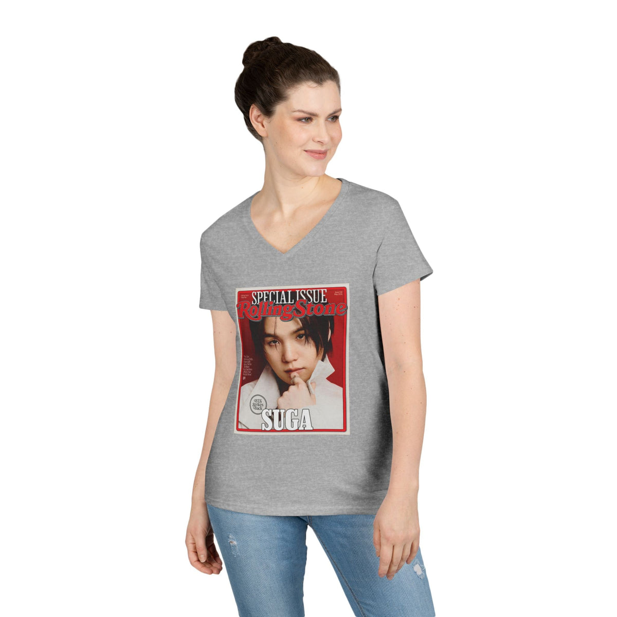 BTS Suga Deep V - Neck Tee - Tshirt with Rolling Stones Cover Graphic & BTS Members Names on Back - 6 Sizes - Beyond The Shoppe