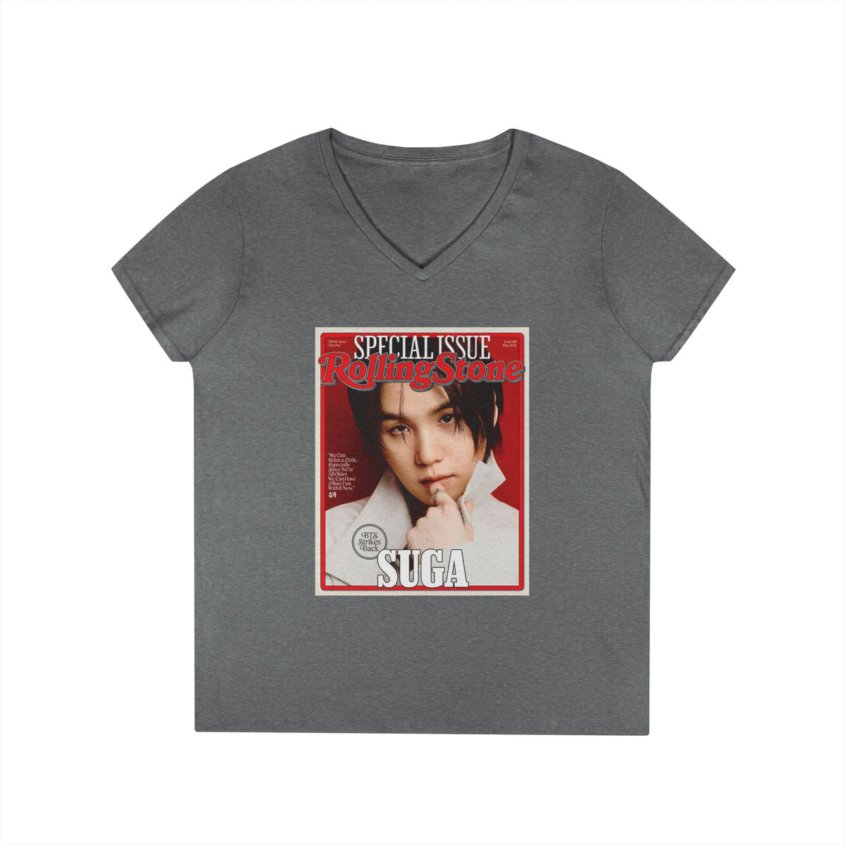 BTS Suga Deep V - Neck Tee - Tshirt with Rolling Stones Cover Graphic & BTS Members Names on Back - 6 Sizes - Beyond The Shoppe