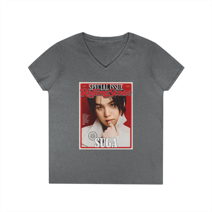 BTS Suga Deep V - Neck Tee - Tshirt with Rolling Stones Cover Graphic & BTS Members Names on Back - 6 Sizes - Beyond The Shoppe