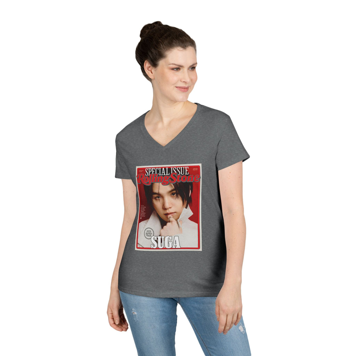 BTS Suga Deep V - Neck Tee - Tshirt with Rolling Stones Cover Graphic & BTS Members Names on Back - 6 Sizes - Beyond The Shoppe