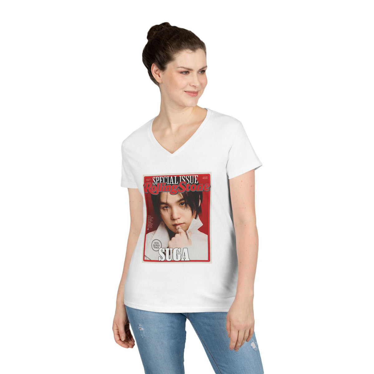 BTS Suga Deep V - Neck Tee - Tshirt with Rolling Stones Cover Graphic & BTS Members Names on Back - 6 Sizes - Beyond The Shoppe
