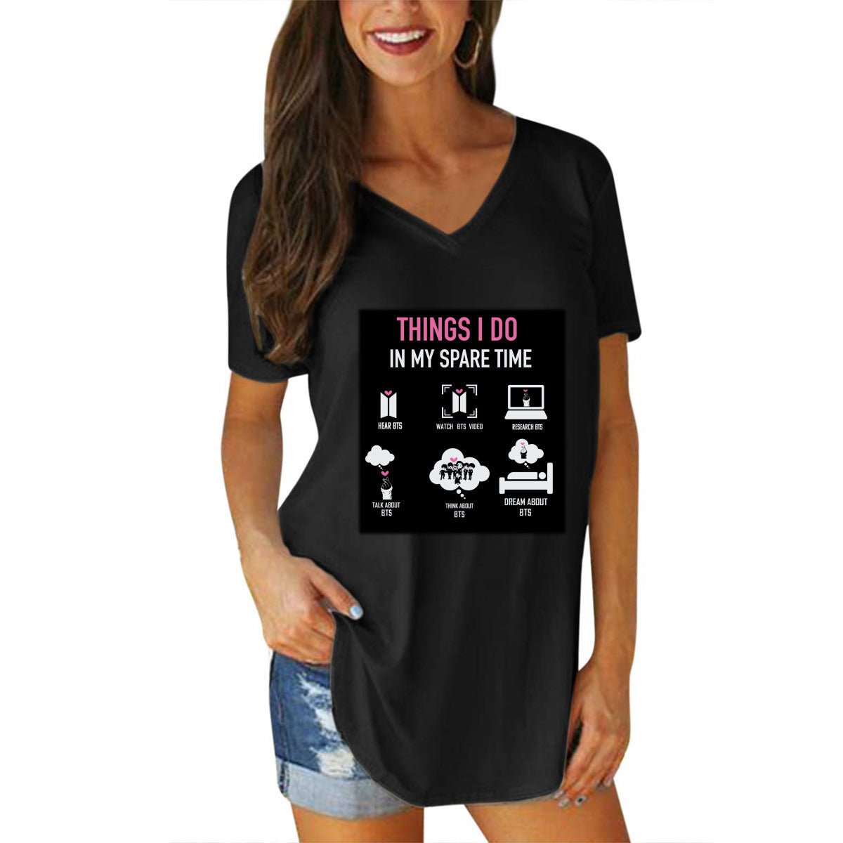 BTS Things I Do In My Spare Time Women's Short Sleeve V - Neck T-Shirt in 3 color options - Great KPop gift! - Beyond The Shoppe
