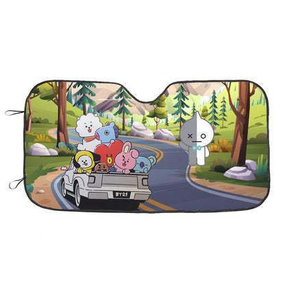BT21 On The Road! Car Sun Shade - BT21 Car Sun Shade - Windshield Cover Visor - Gift for Bangtan Fan, Army Car Sunshade BTS