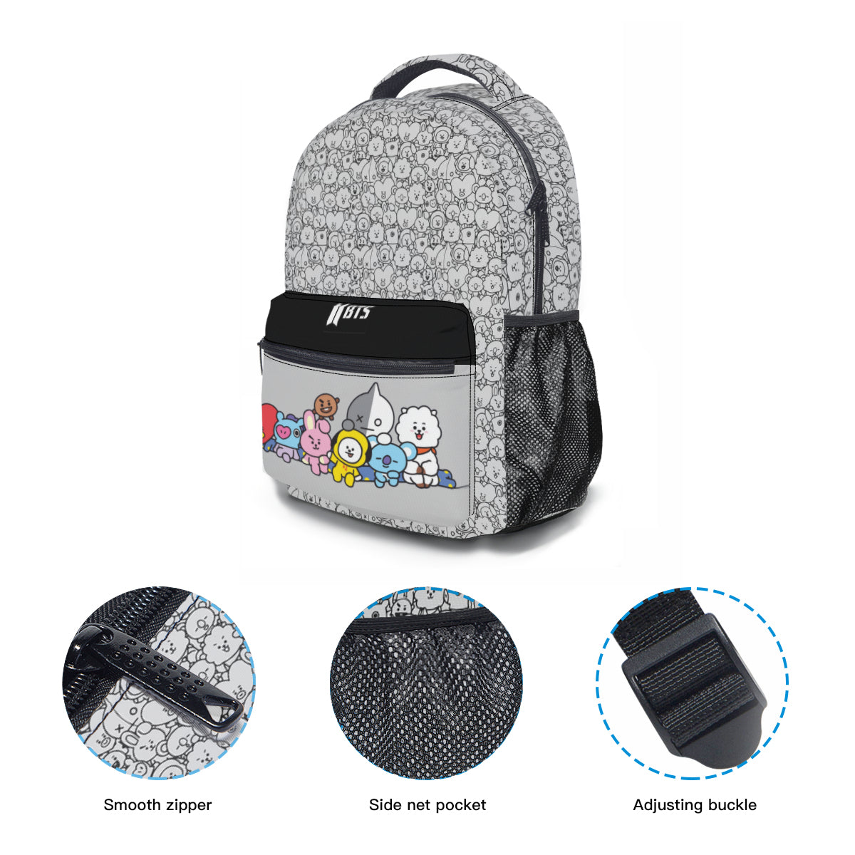 BTS BT21 with Black and Grey pattern Backpack Bookbag - Great for school and more!