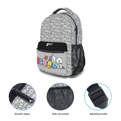 BTS BT21 with Black and Grey pattern Backpack Bookbag - Great for school and more!