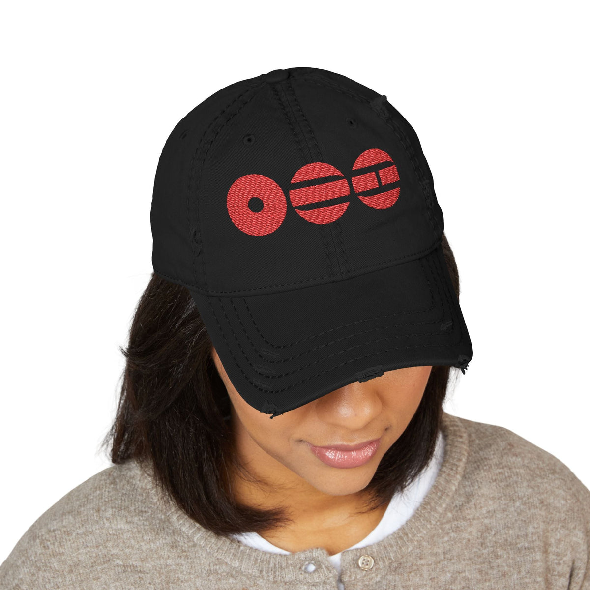 Distressed Embroidered Dad Hat with Retro Red Circle Stripe Logo - Beyond The Shoppe