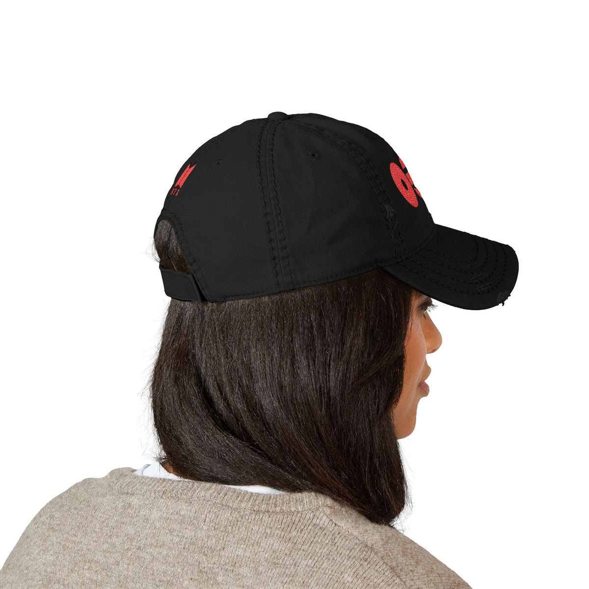 Distressed Embroidered Dad Hat with Retro Red Circle Stripe Logo - Beyond The Shoppe