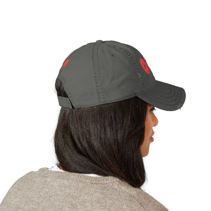 Distressed Embroidered Dad Hat with Retro Red Circle Stripe Logo - Beyond The Shoppe