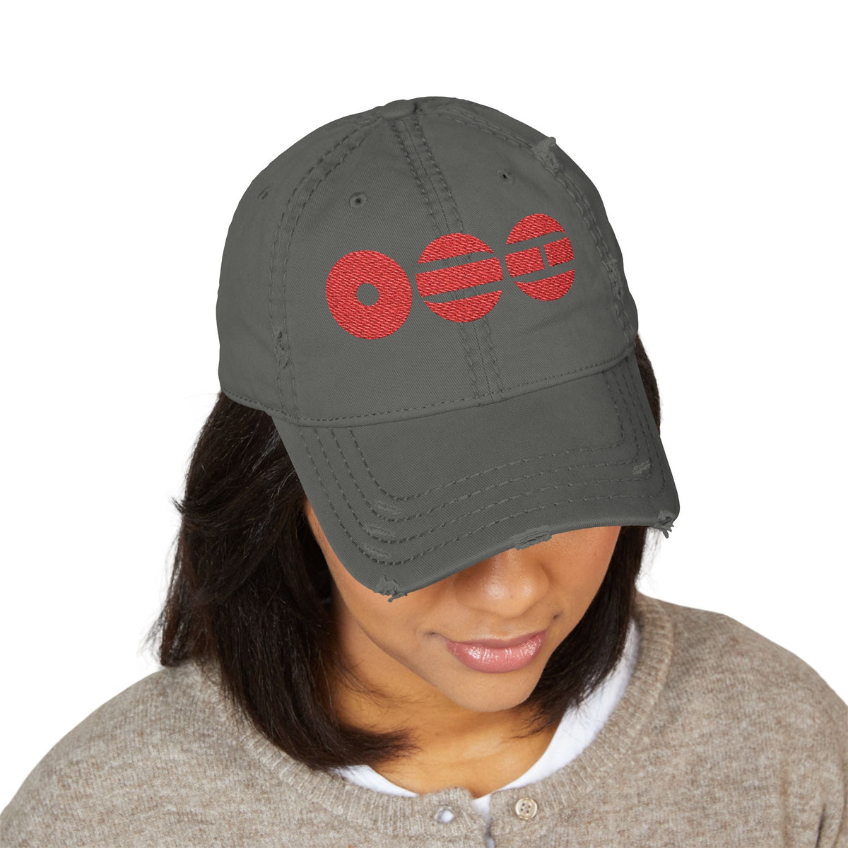 Distressed Embroidered Dad Hat with Retro Red Circle Stripe Logo - Beyond The Shoppe