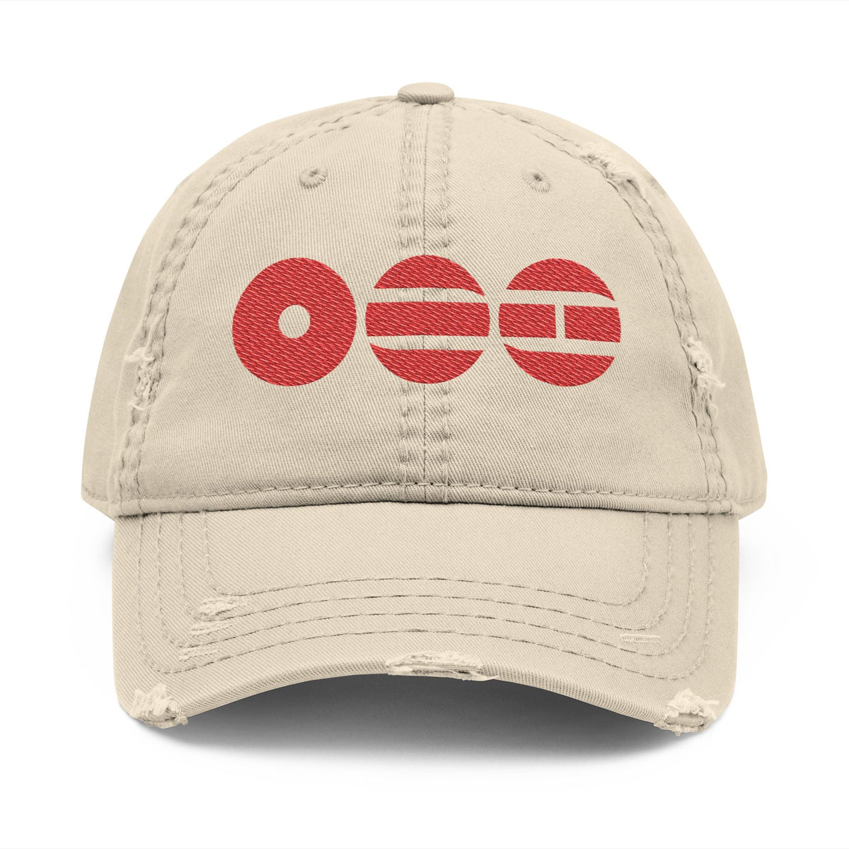 Distressed Embroidered Dad Hat with Retro Red Circle Stripe Logo - Beyond The Shoppe