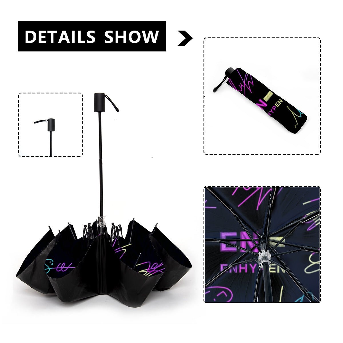 Enhypen Automatic opening umbrella featuring their Logo and Signatures - Kpop for rainy weather andprotection from weatherXT - Beyond The Shoppe