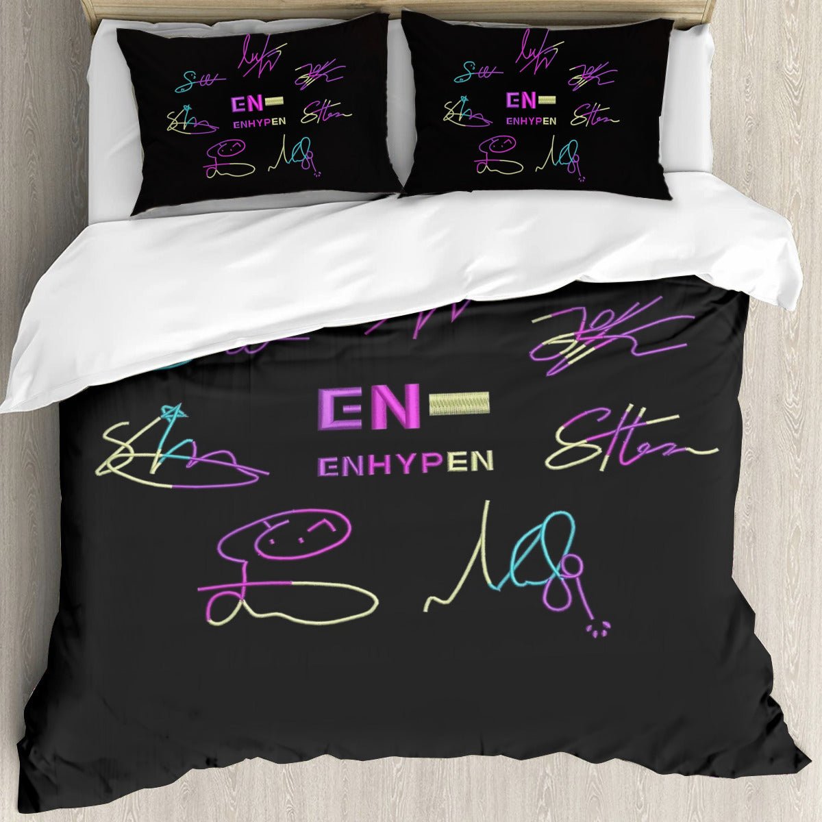 Enhypen Themed Logo & Signatures Bedding - 3 piece set including Duvet with 2 pillowcases! - Beyond The Shoppe