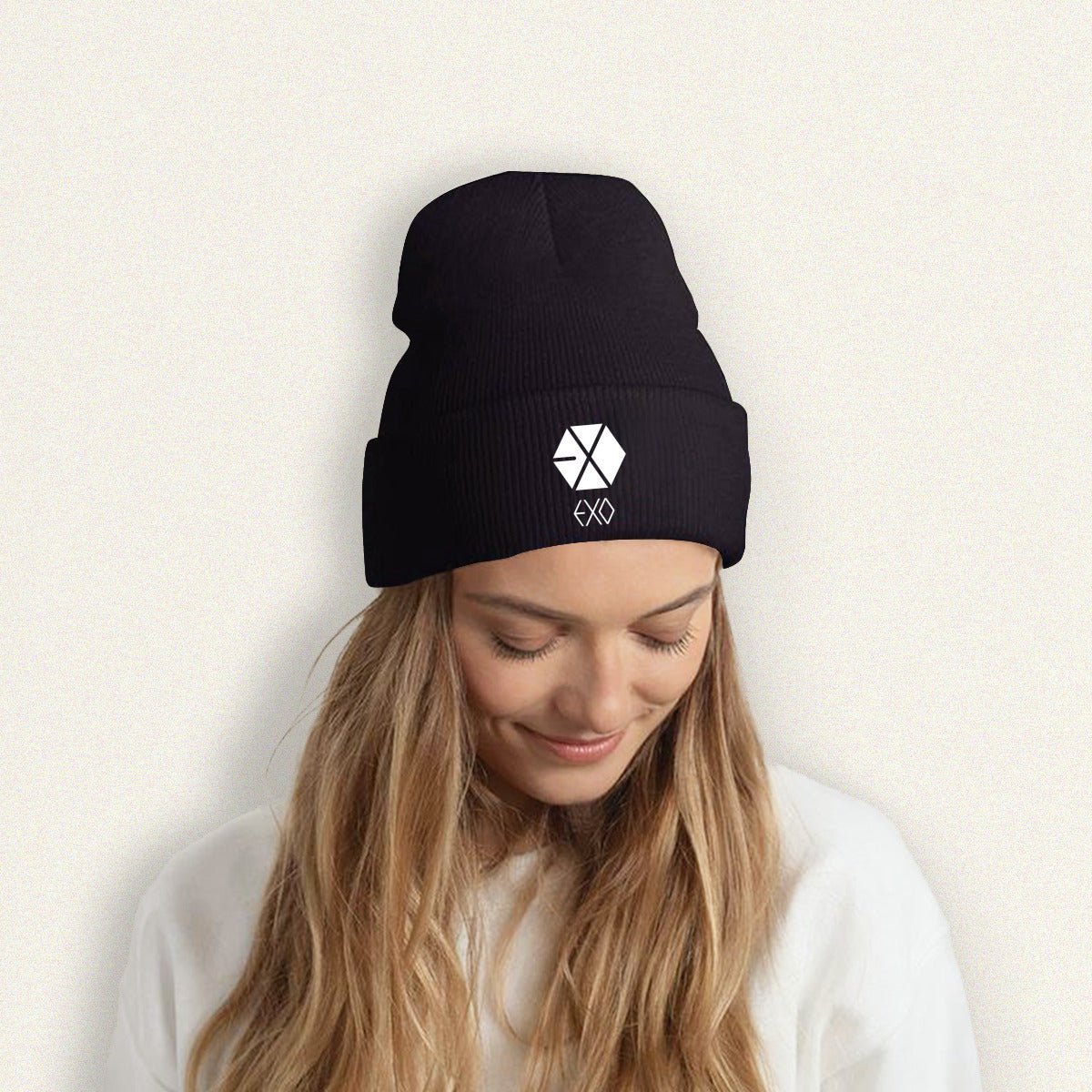 Exo White Logo Beanie for Adults – Cozy Polyester Knit Hat - Stylish, Comfortable & Trendy Hat - Beyond The Shoppe