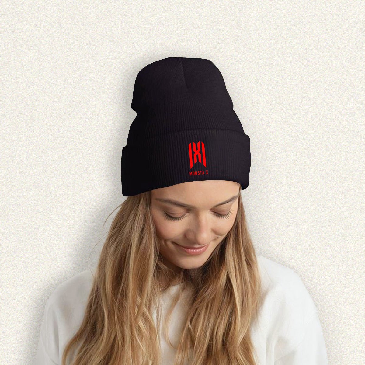 Monsta X Red Logo Beanie for Adults – Cozy Polyester Knit Hat - Stylish, Comfortable & Trendy Hat - Beyond The Shoppe