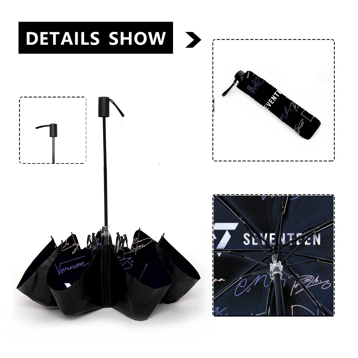 Seventeen Automatic opening umbrella featuring their Logo and Signatures - Kpop for rainy weather andprotection from weatherXT - Beyond The Shoppe