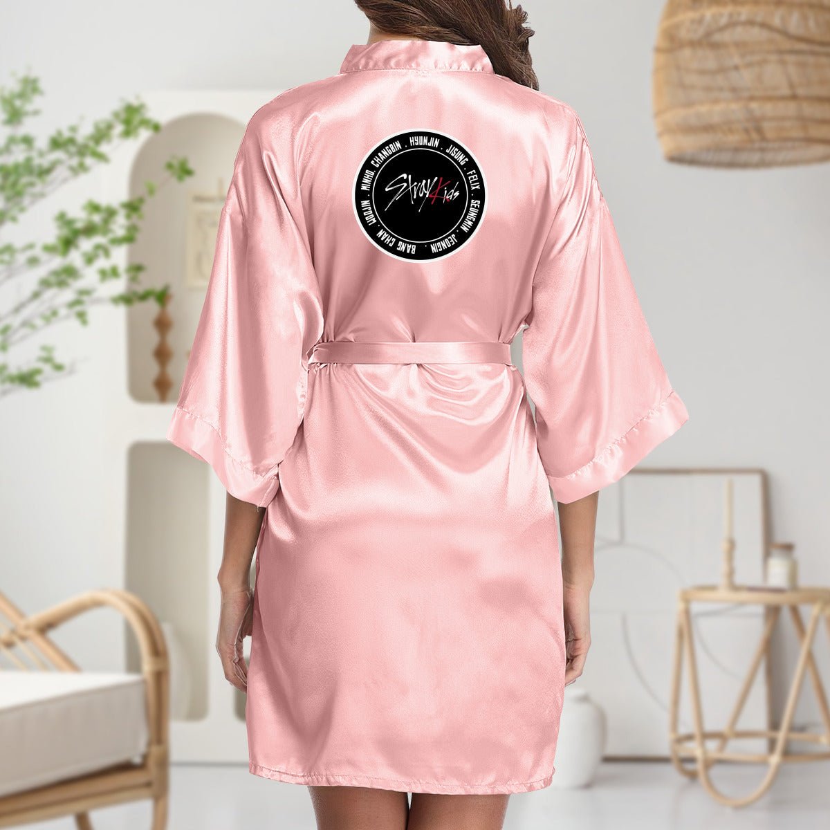 Stray Kids Silk - like Women's Pink Robe with Logo & Names - Straykids Robes - Beyond The Shoppe