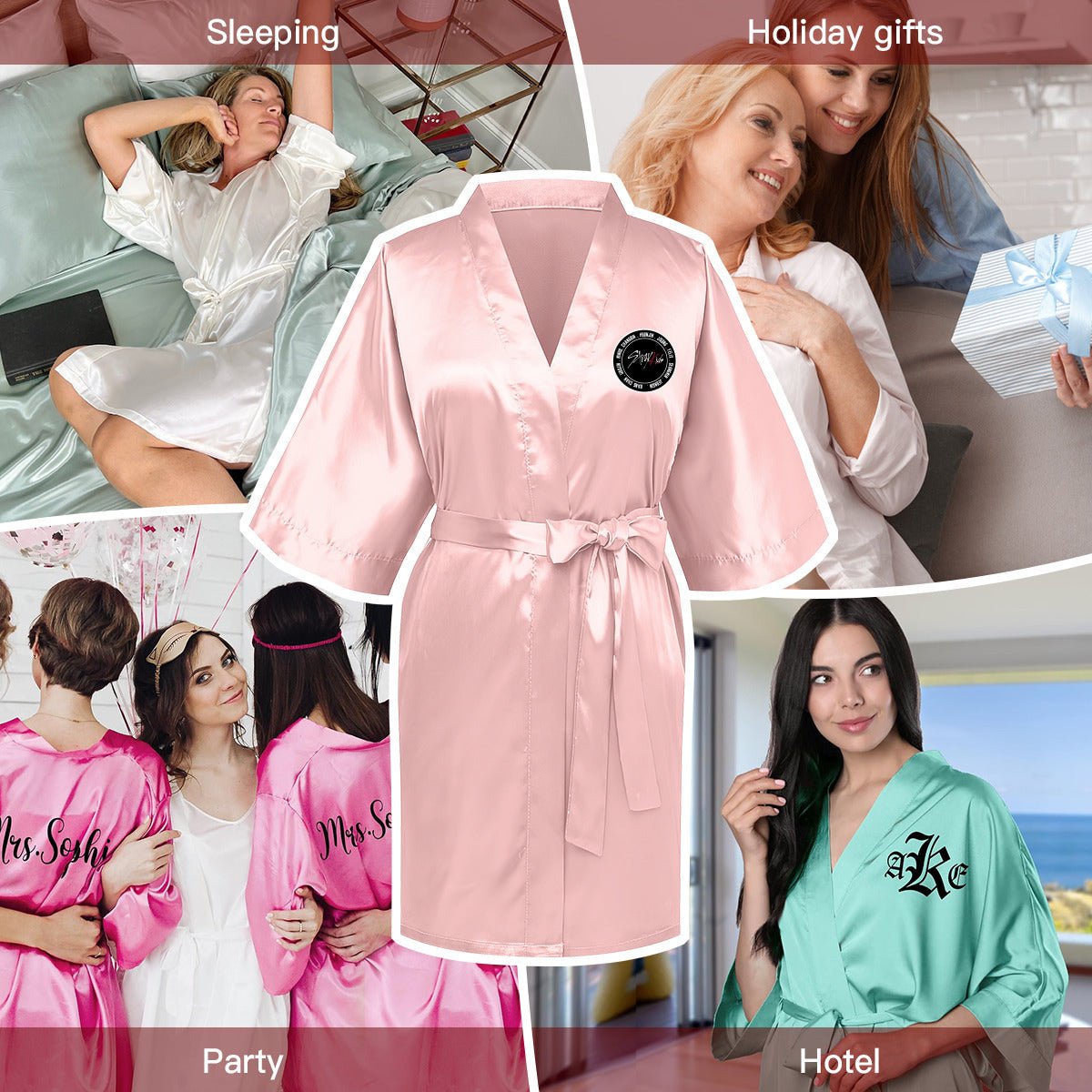 Stray Kids Silk - like Women's Pink Robe with Logo & Names - Straykids Robes - Beyond The Shoppe
