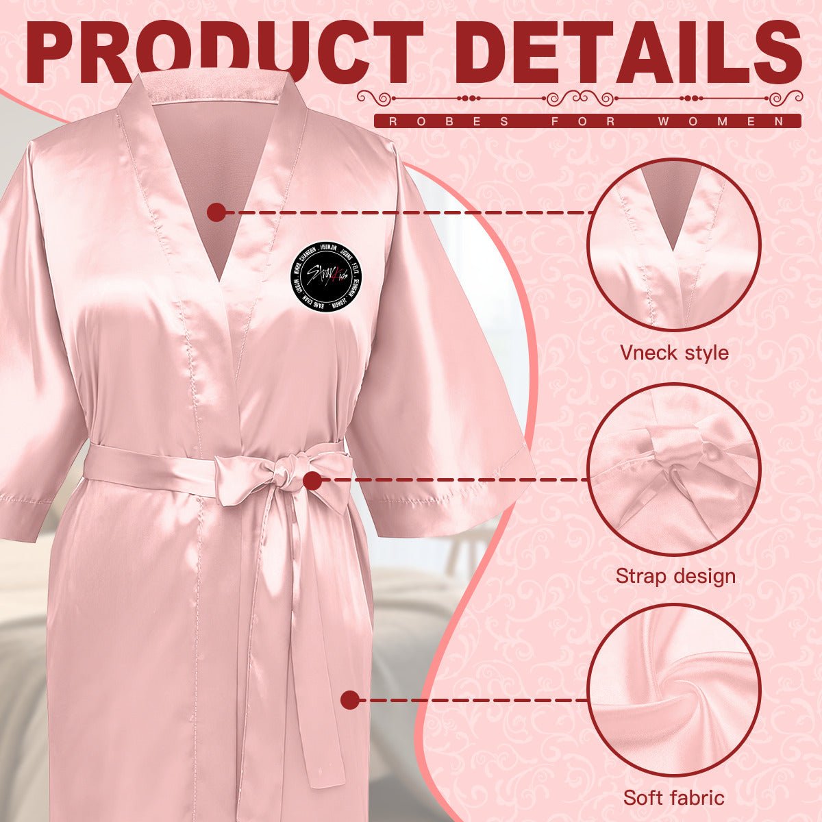 Stray Kids Silk - like Women's Pink Robe with Logo & Names - Straykids Robes - Beyond The Shoppe