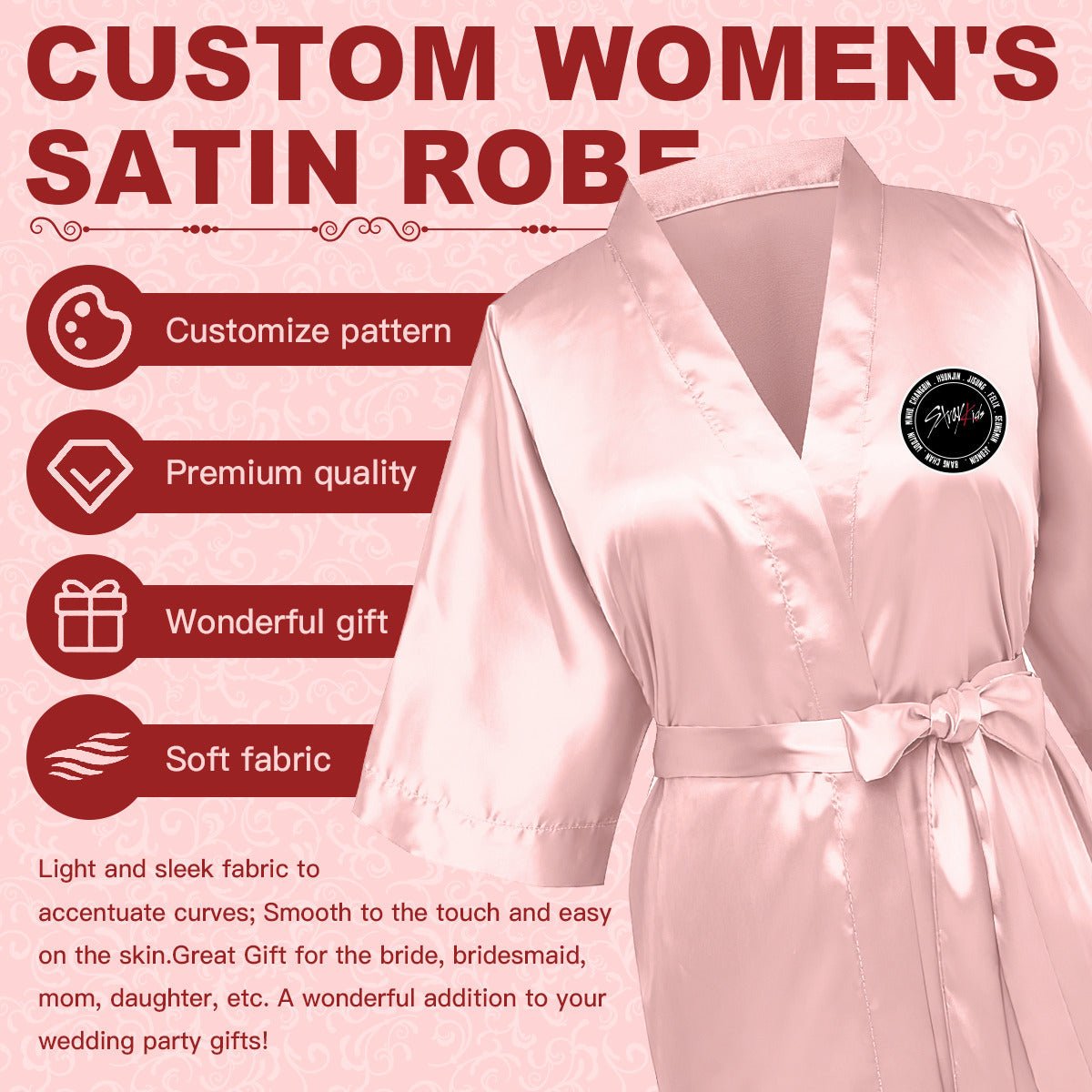 Stray Kids Silk - like Women's Pink Robe with Logo & Names - Straykids Robes - Beyond The Shoppe