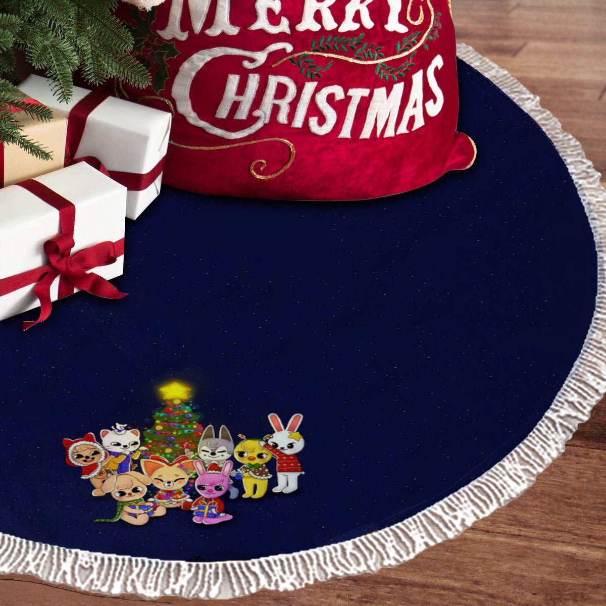 Stray Kids Skzoo Dark Blue Holiday Tree Skirt – Plush Christmas Tree Skirt - Soft, Cozy & Festive Decor - Beyond The Shoppe