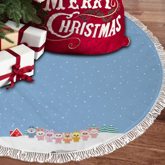Stray Kids Skzoo Holiday Village Light Blue Holiday Tree Skirt – Plush Christmas Tree Skirt - Soft, Cozy & Festive Decor - Beyond The Shoppe